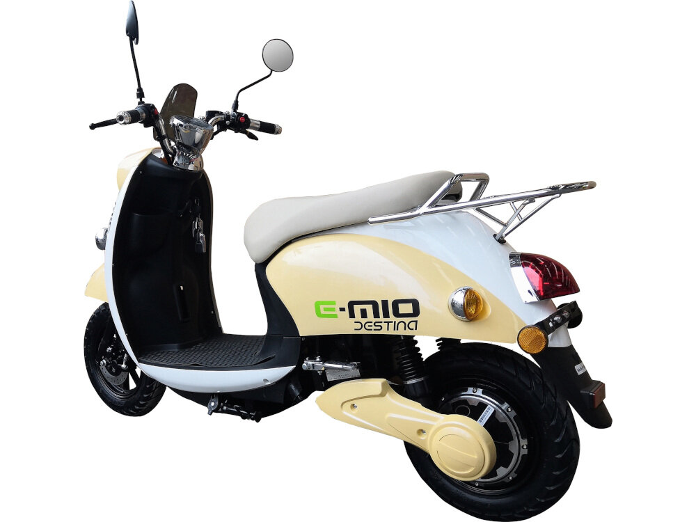 Skuter elektryczny E-MIO Destina Cappuccino schowek przy kierownicy pojemny schowek pod siedzeniem wieszak na torbę z zakupami