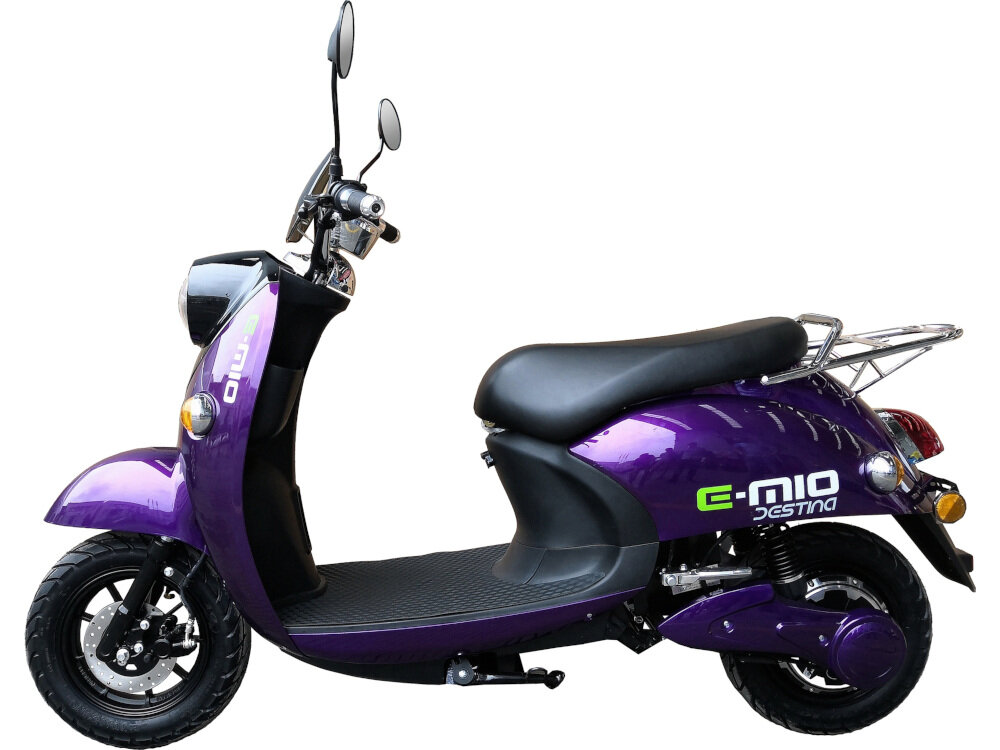 Skuter elektryczny E-MIO Destina Fioletowy bateria litowo-jonowa przenośna z wykorzystaniem ogniw firmy SAMSUNG maksymalna dystans do 50 km na jednym ładowaniu po rozładowaniu naładujesz do pełna w 4-5 godzin