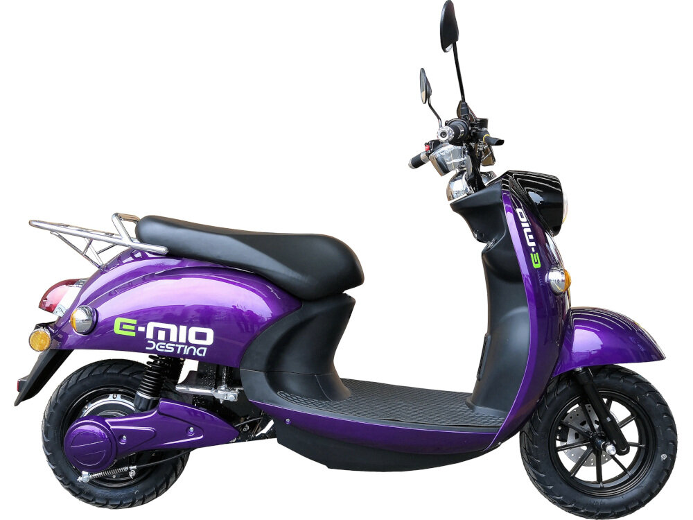 Skuter elektryczny E-MIO Destina Fioletowy koła 10-calowe bezdętkowe 3 biegi przełączane za pomocą przełącznika w rączce