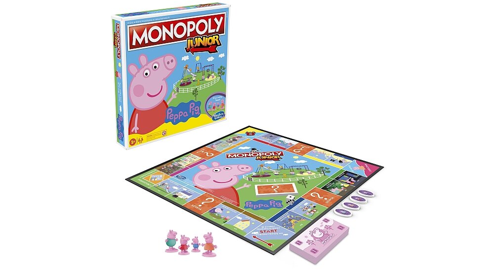Gra planszowa HASBRO Monopoly Junior Świnka Peppa pionki plansza elementy zasady zabawa rodzina wieczór przyjaciele rozrywka