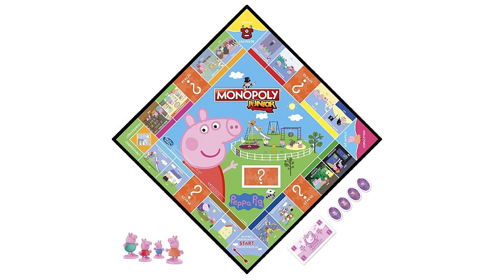 Gra planszowa HASBRO Monopoly Junior Świnka Peppa pionki plansza elementy zasady zabawa rodzina wieczór przyjaciele rozrywka