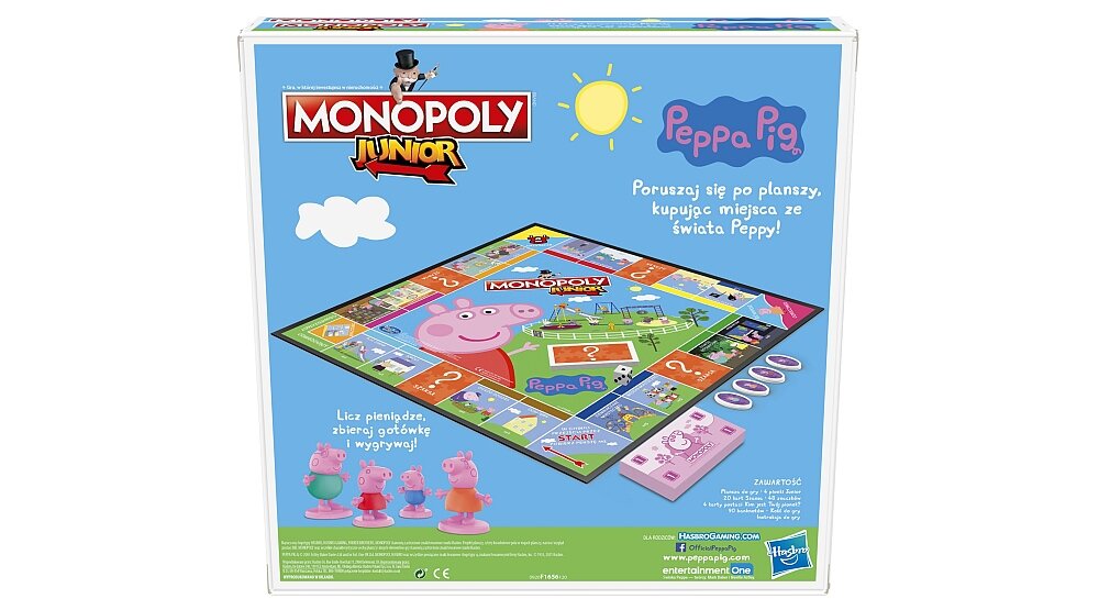 Gra planszowa HASBRO Monopoly Junior Świnka Peppa pionki plansza elementy zasady zabawa rodzina wieczór przyjaciele rozrywka