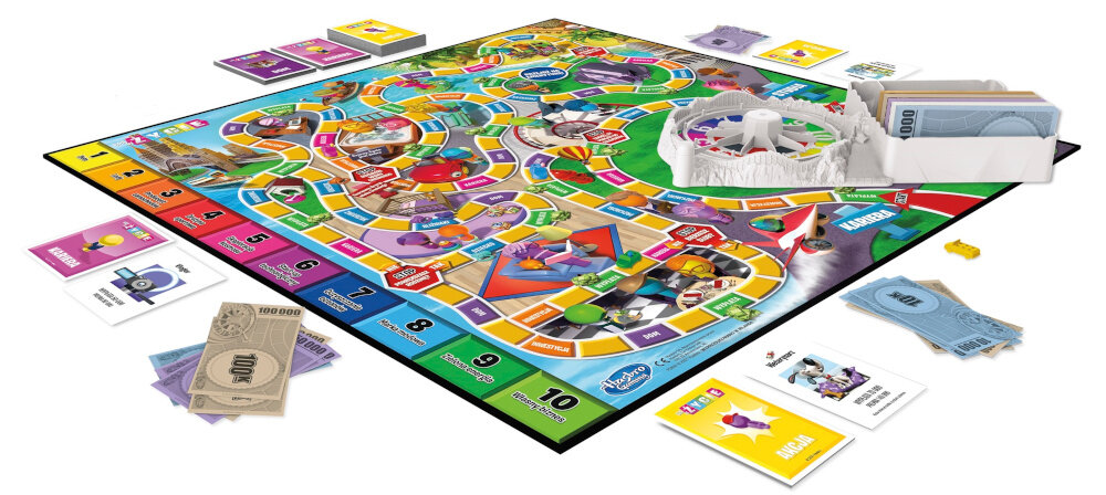 Gra planszowa HASBRO Gra w Życie w zestawie plansza do gry z kołem 100 kart 5 żetonów 4 auta 24 kołki ludzie 12 kołków zwierząt zestaw banknotów instrukcja obsługi gry w języku polskim