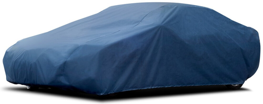 Pokrowiec na samochód CARPASSION Premium 100223 (rozmiar L) samochód z założonym pokrowcem na białym tle ochrona samochodu przed wpływem czynników atmosferycznych przez cały rok zapobiega korozji osadzaniu się zabrudzeń powstawaniu zarysowań dla samochodów typu hatchback o długości nadwozia w zakresie 425-470 cm