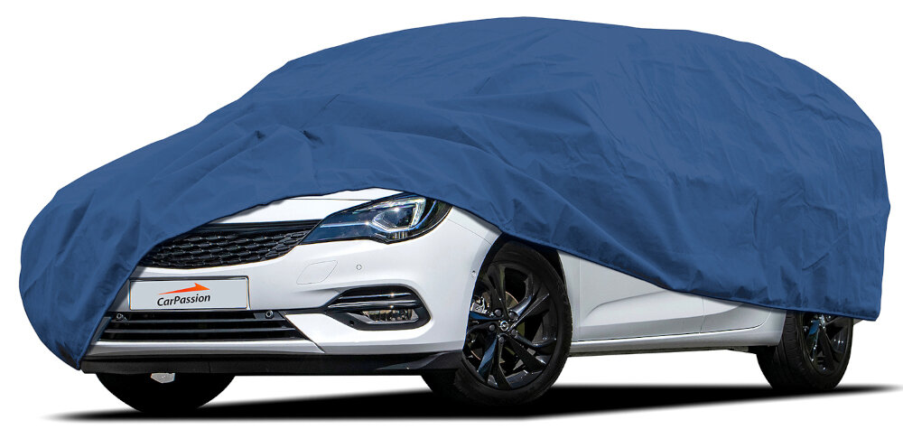 Pokrowiec na samochód CARPASSION Premium 100103 (rozmiar L) samochód z założonym pokrowcem na białym tle osłona samochodu ochrona trwałość wygoda