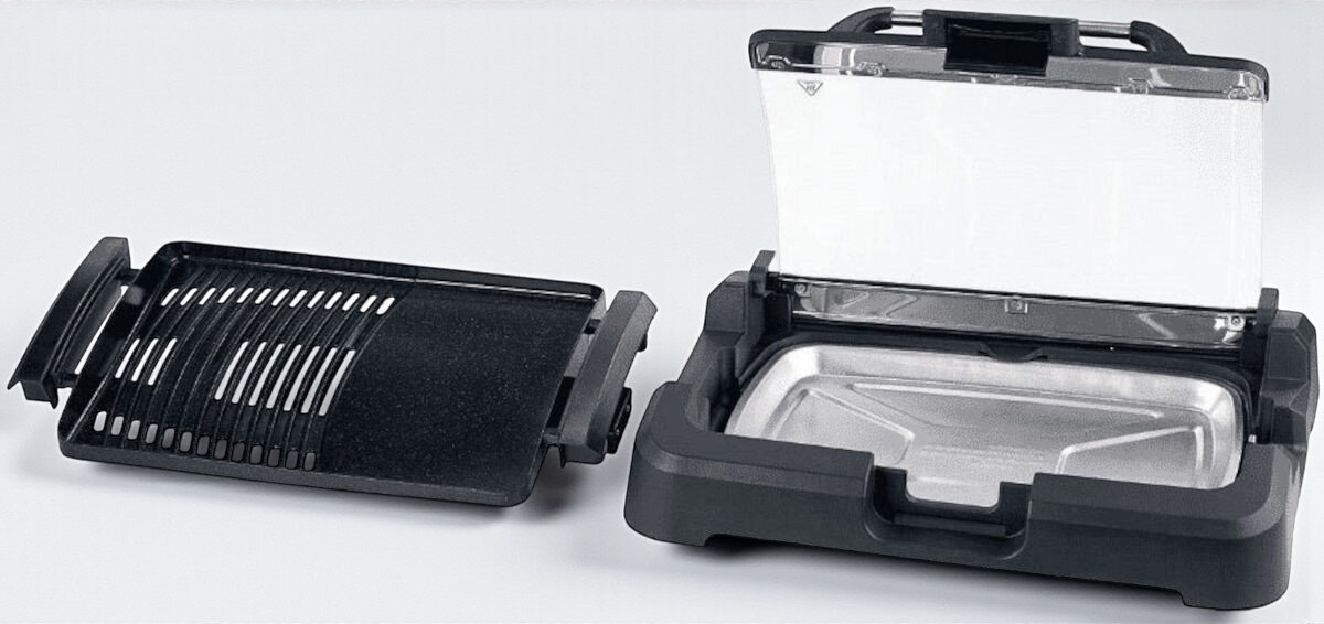 Grill elektryczny BLAUPUNKT GRT801, moc, grillowanie, rozgrzanie, Powierzchnia, na szarym tle grill z wyjmowaną tacą grillową