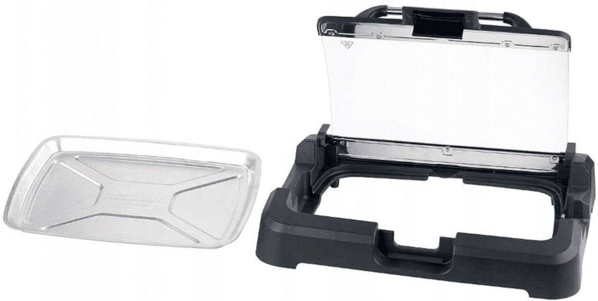 Grill elektryczny BLAUPUNKT GRT801, zamknięty, otwarty, szklana, pokrywa, na białym tle grill wraz z tacką na tłuszcz frontem prawo skos