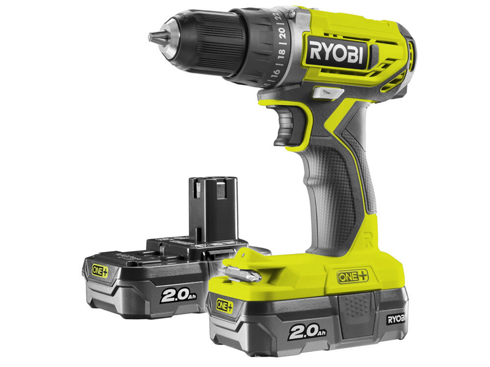Wiertarko-wkrętarka RYOBI R18DD2-220S silnik bezszczotkowy akumulator Li-Ion napięcie 18 V pojemność 2,0 Ah maksymalny moment obrotowy do 40 Nm maksymalna prędkość obrotowa do 1350 obr/min