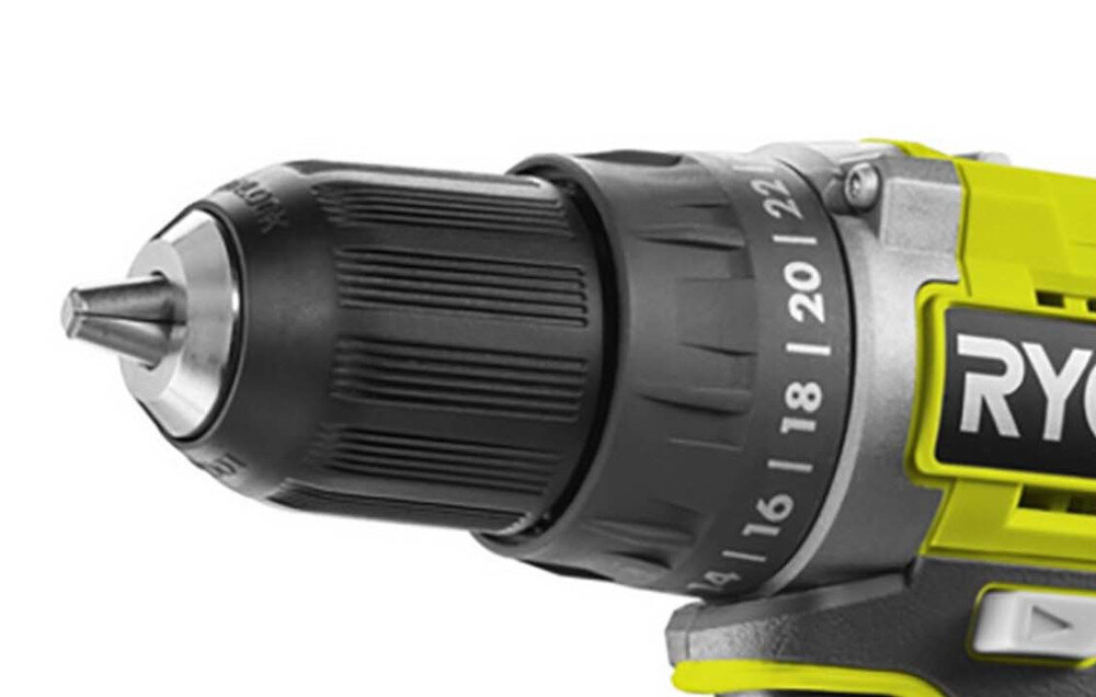 Wiertarko-wkrętarka RYOBI R18DD2-220S do mocowania osprzętu za pomocą bezkluczykowego uchwytu wiertarskiego 13 mm mocny chwyt szybka i prosta wymiana