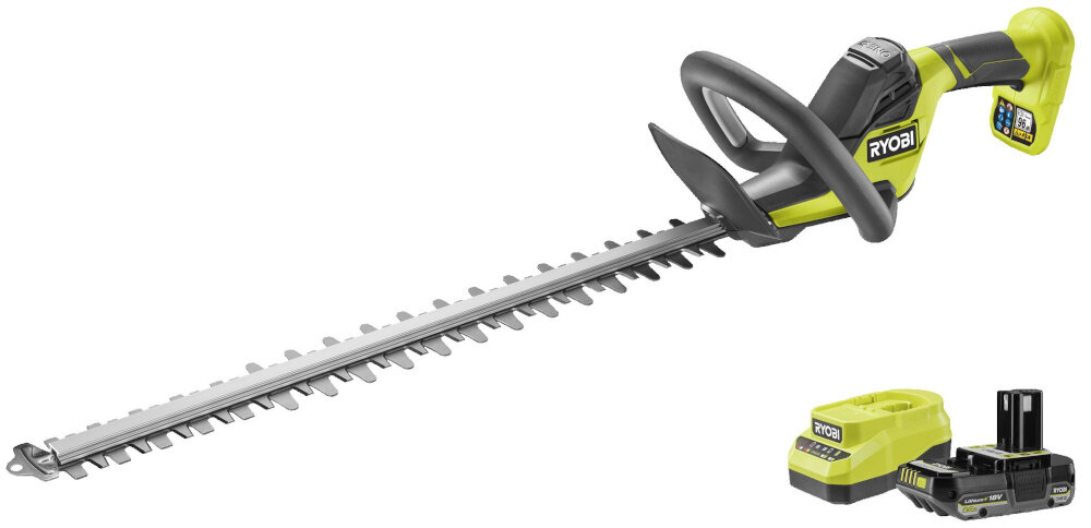 Nożyce do żywopłotu RYOBI RY18HT55A-120 zestaw na białym tle w zestawie nożyce akumulator ładowarka nasadka dokumentacja