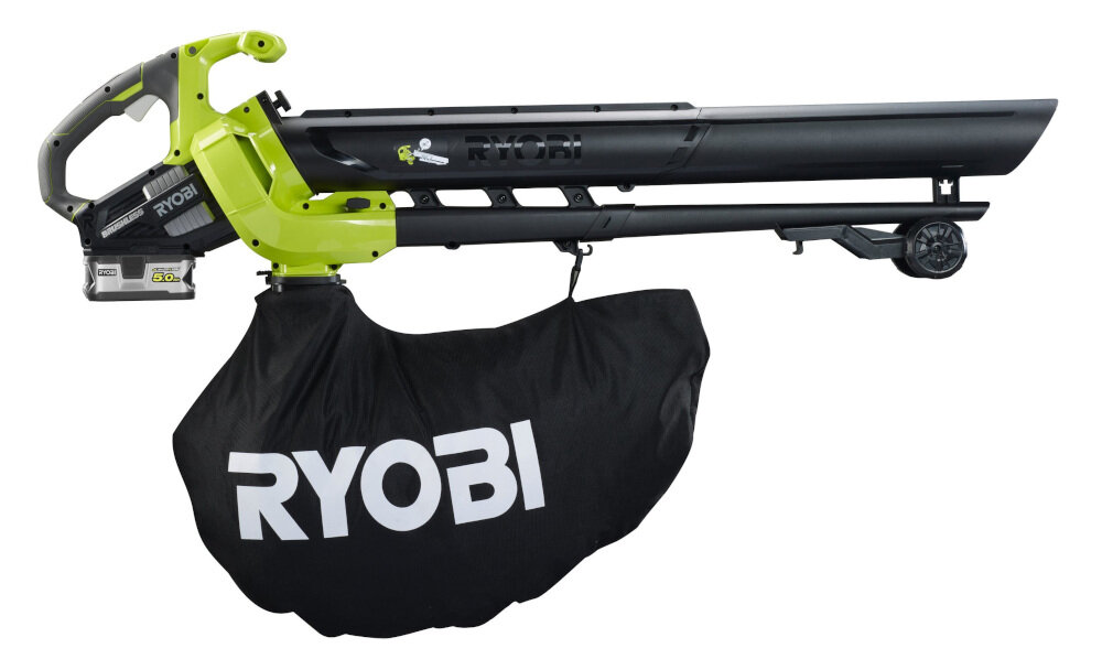 Odkurzacz do liści RYOBI RBV1850 akumulatorowy bezszczotkowy silnik o napięciu 18 V pojemność 5,0 Ah trwały niezawodny prędkość wydmuchu do 200 km/h wydajność do 6 m3/min