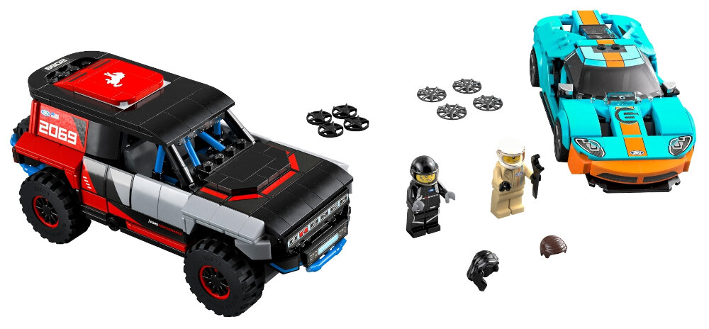 LEGO Speed Champions Ford GT Heritage Edition i Bronco R 76905 dwie mini figurki kierowców w kombinezonach i kaskach 660 elementów