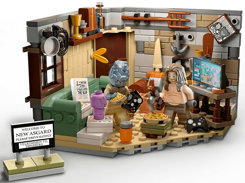 LEGO Marvel Nowy Asgard Grubego Thora 76200 replika domu Grubego Thora z filmu Avengers Koniec gry akcesoria topór Stormbreaker konsola do gier pudełko z pizzą telewizor