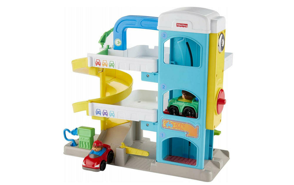FISHER-PRICE-LITTLE-PEOPLE garaż samochodowy wspaniała zabawka winda metalowy dzwonek platforma naprawcza rampa zjeżdżanie pojazdy