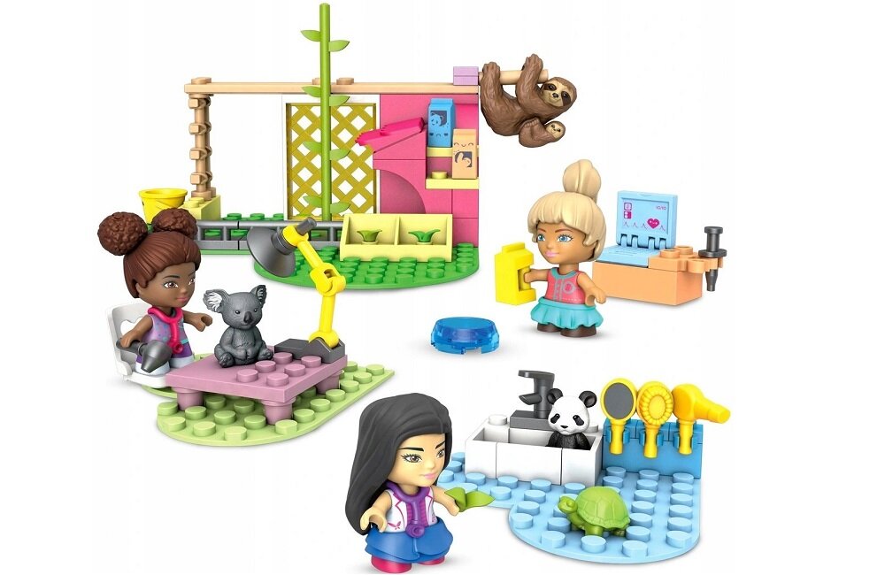 Klocki plastikowe Barbie Mega Construx Salon zwierząt GYH09 Graj budując stanowiska do pielęgnacji karmienia i badania Wiele godzin kreatywnej zabawy