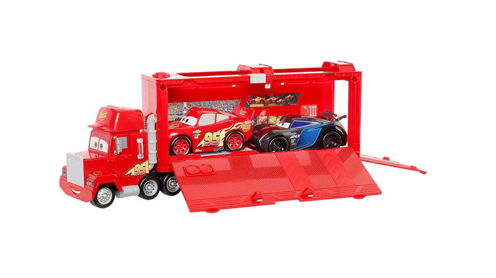 MATTEL-DISNEY-AUTA-MANIEK-GYK60 dwa pojazdy naczepa garaż przechowywanie zabawki