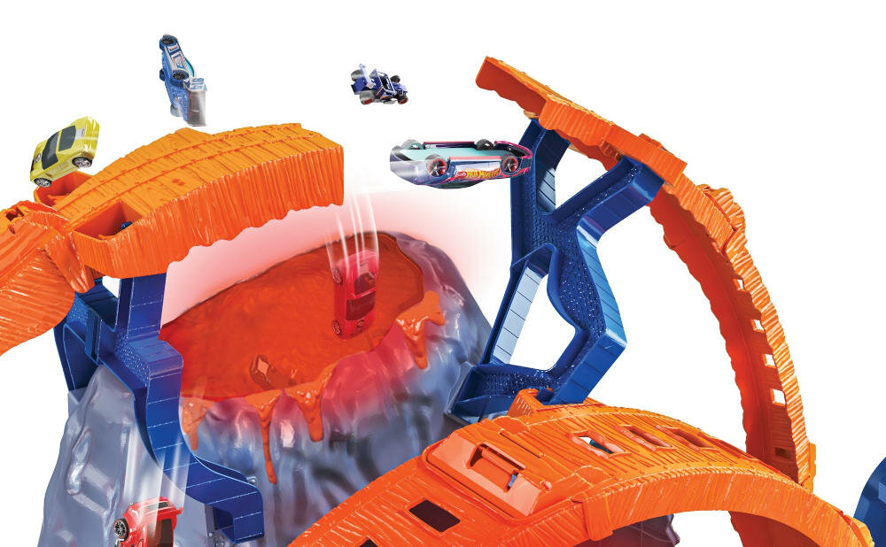 MATTEL-HOT-WHEELS-WULKAN-GYL14 zestaw samochodziki dinozaur t-rex wulkan ucieczka elementy ruchowe efekty dźwiękowe