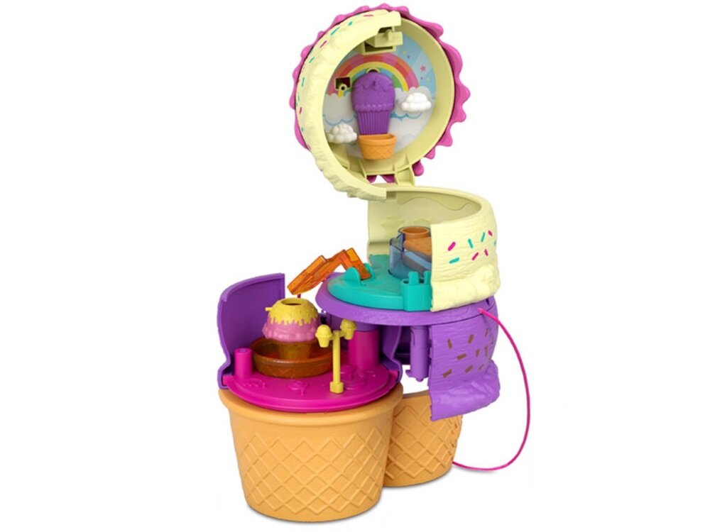 Lalka MATTEL Polly Pocket Zakręcone Niespodzianki HFR00 wspaniały prezent pobudzi wyobraźnię dziecka w kształcie rożka lodowego 3 poziomy zabawy pasek można nosić jak torbkę
