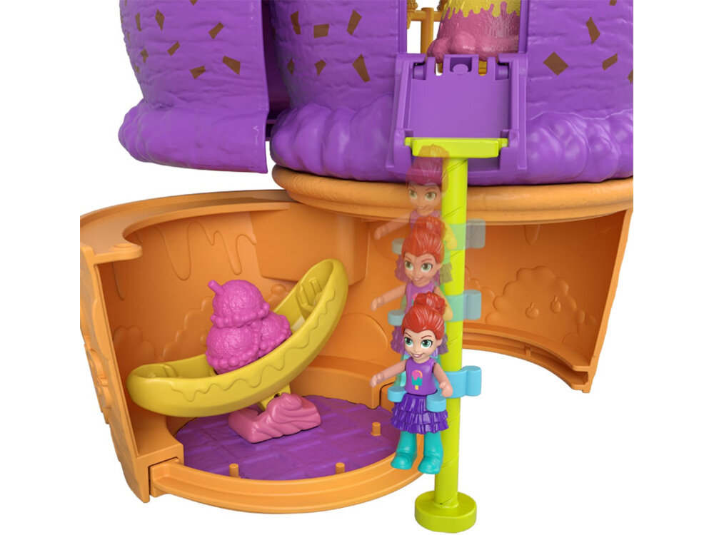 Lalka MATTEL Polly Pocket Zakręcone Niespodzianki HFR00 latający balon huśtawka fontanna w kształcie kanapki lodowej rożek lodowy słupek do zjeżdżania akcesoria mają specjalne zaczepy