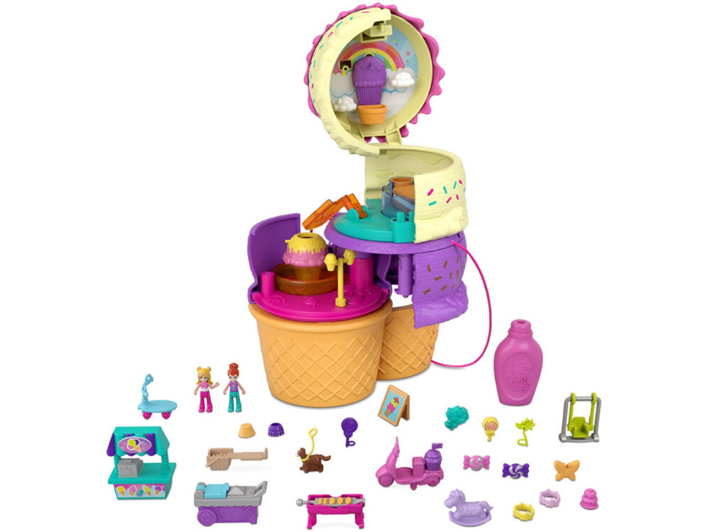 Lalka MATTEL Polly Pocket Zakręcone Niespodzianki HFR00 3 obszary zabawy 25 tematycznych niespodzianek mikrolalki Polly Lila 5 ruchomych punktów piese Polly Brzoskwinka
