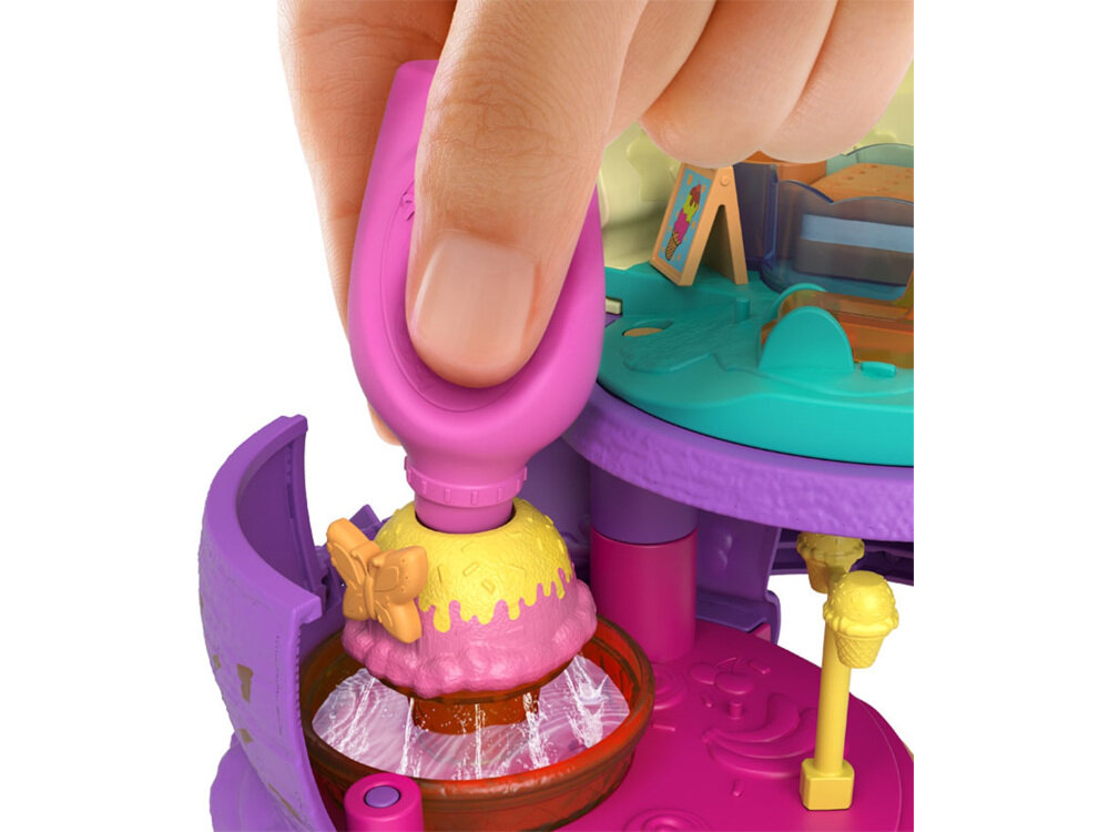 Lalka MATTEL Polly Pocket Zakręcone Niespodzianki HFR00 idealny pomysł na prezent akcesoria napełnić butelkę syropu wodą będzie tryskała woda napełnić rożek na górze będzie płynęła w dół