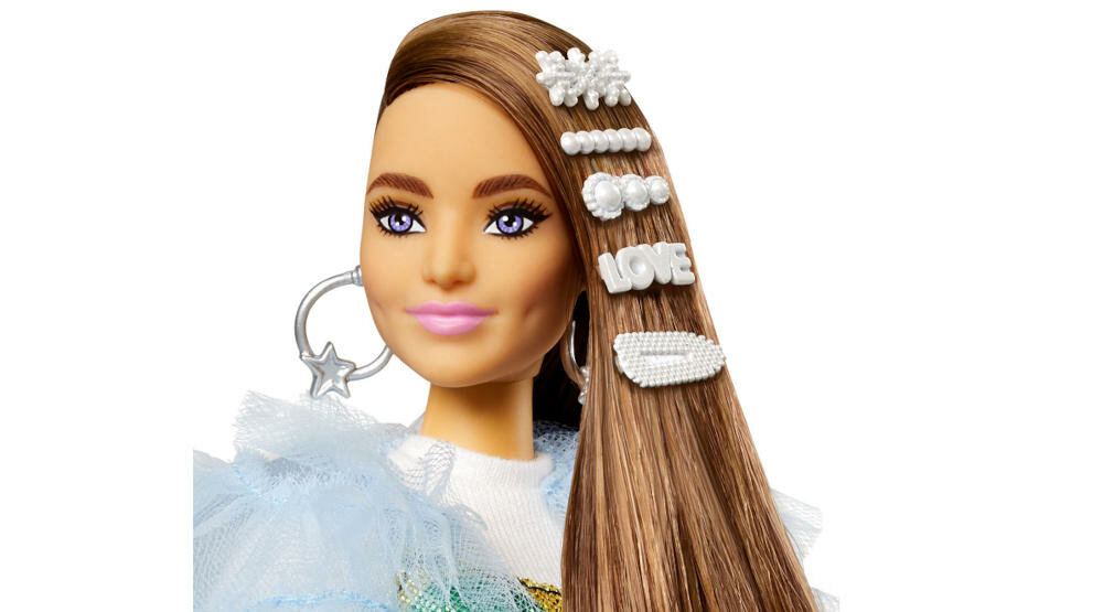 MATTEL-LALKA-BARBIE-EXTRA idealny makijaż podkreślone oko pomalowane usta kolczyki spinki włosy