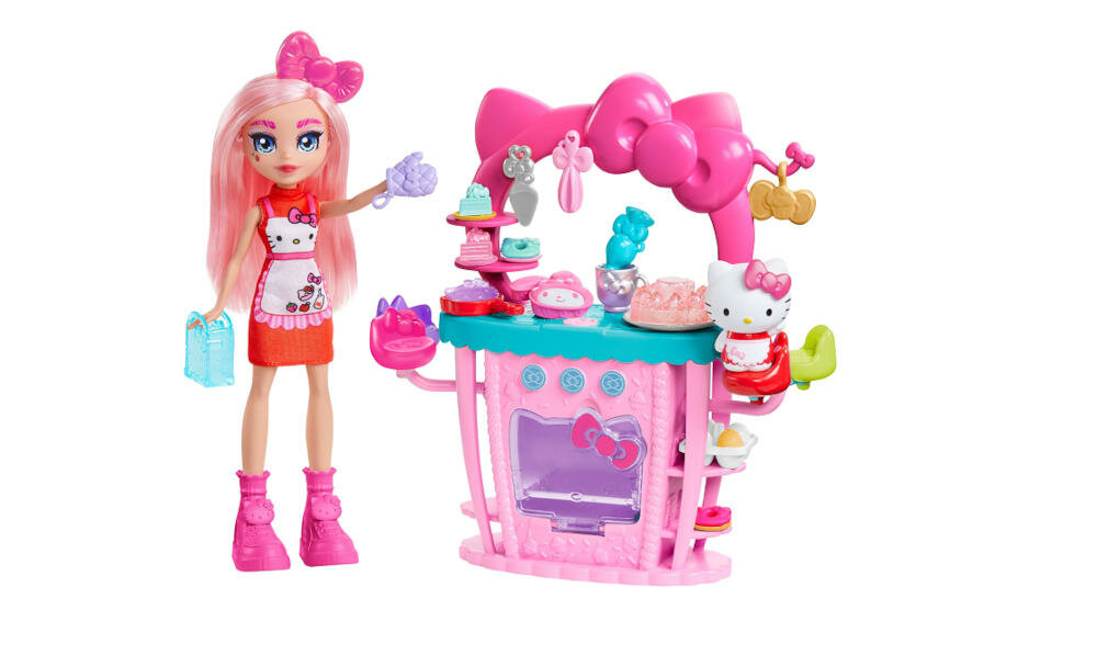 MATTEL-HELLO-KITTY-CUKIERNIA-GWX05 słodki zestaw cukiernia hello kitty zabawa pieczenie dekorowanie zjadanie wypieki wyobraźnia