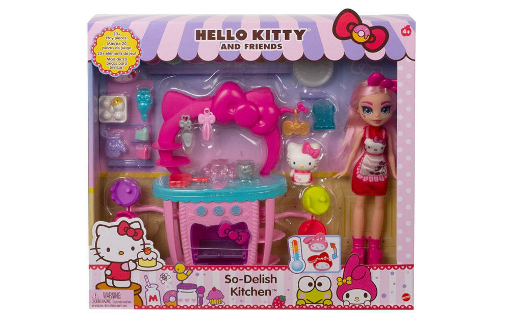 MATTEL-HELLO-KITTY-CUKIERNIA-GWX05 opakowanie figurka lalka rękawice patelnia akcesoria instrukcja karta gwarancyjna