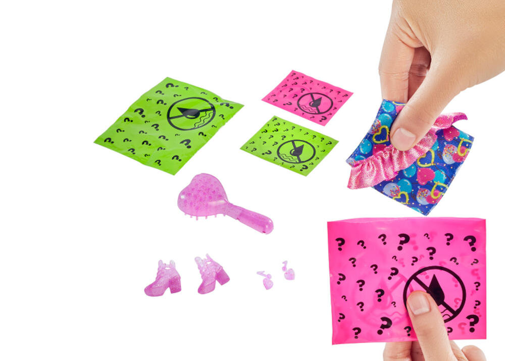 MATTEL-Color-Reveal-Imprezowa torebki spódniczka falbanka buciki kolczyki gąbeczka szczotka