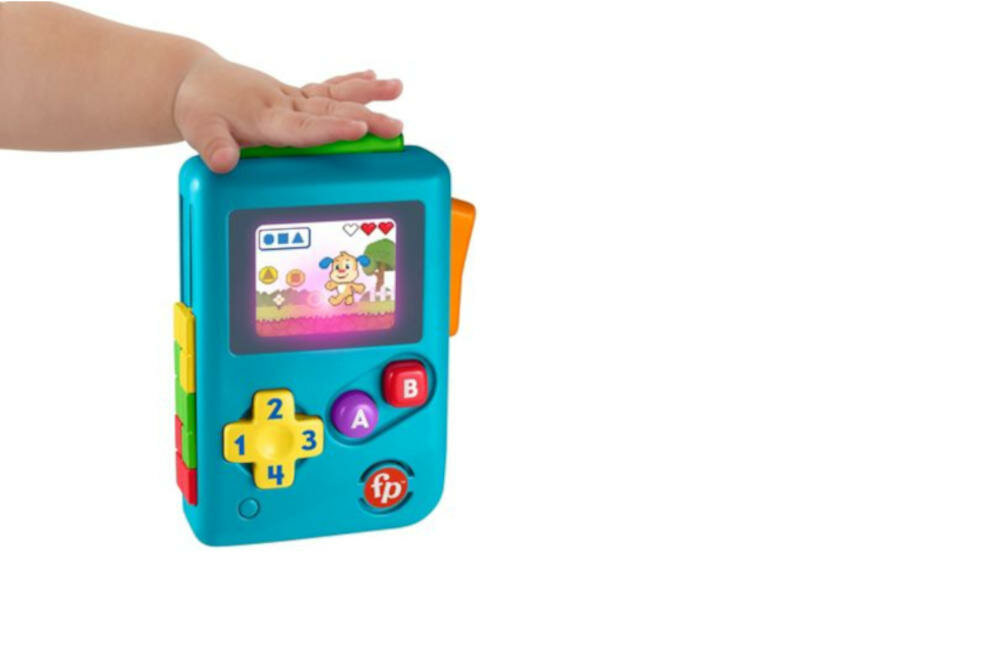 MATTEL-FISHER-PRICE-KONSOLA-HBC88 przycisk wesoła muzyka dźwięki wypowiedzi kierunki kolory cyferki kształty naciskanie przesuwanie przełączanie zręczność koordynacja ręka oko małe rączki