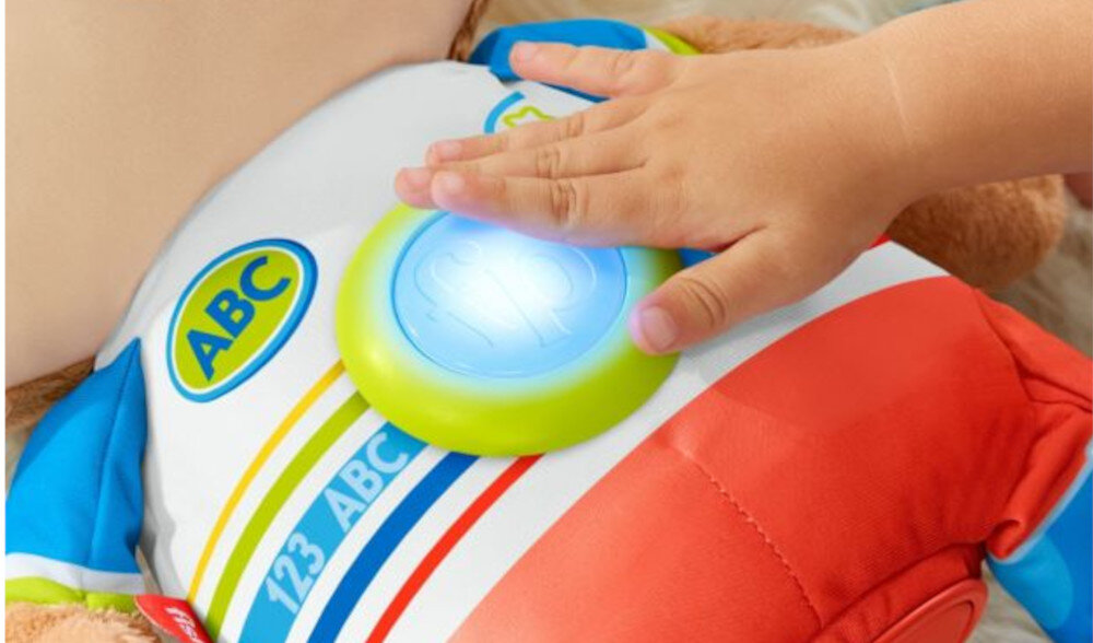 FISHER PRICE Ucz się i śmiej Wielki Szczeniaczek HCJ17 podświetlane serduszko muzyka odkrywanie łapki stópka serce uszko słowa kolory alfabet części ciała zachęcanie wypowiedzi nagradzanie liczenie kolory pokazywanie naśladowanie