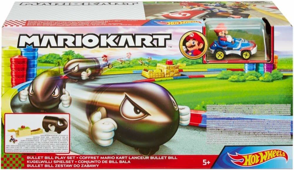 Samochod Hot Wheels Mario Kart Bullet Bill wyposazenie zestaw akcesoria komplet wyrzutnia metalowy pojazd mario skala 1:64 duza figurka bullet billa
