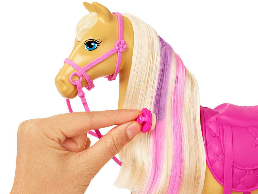 MATTEL-BARBIE-KONIKI-OPIEKA koń większy różowe ogłowie siodło gotowy jazda zwierzę grzywa czesanie
