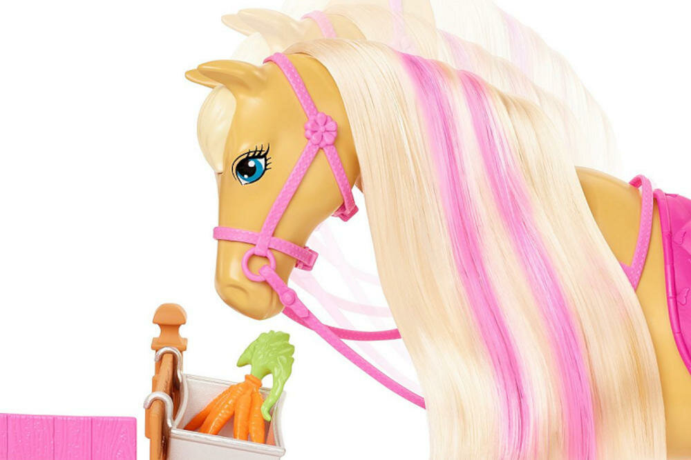 MATTEL-BARBIE-KONIKI-OPIEKA karmienie marchewka przekąska konie głowy kiwanie przysmaki