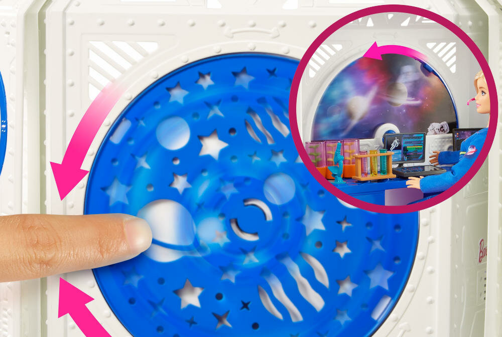 MATTEL-BARBIE-STACJA-KOSMICZNA-GXF27 stacja kosmiczna galaktyka pokrętło sceneria okno
