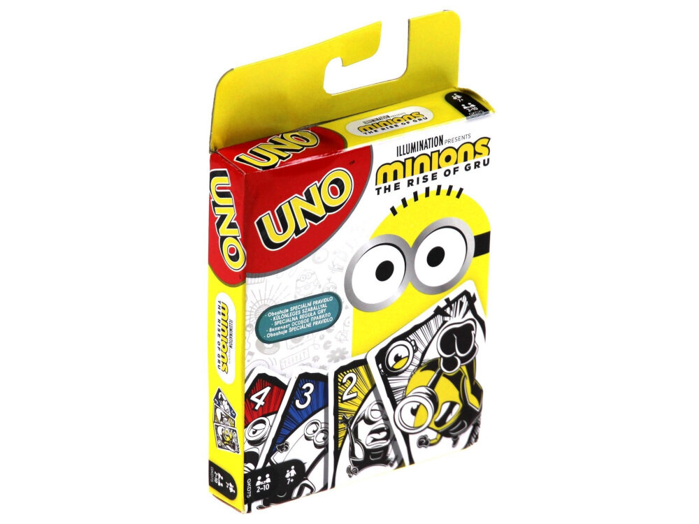 Gra karciana MATTEL Uno Minionki nowa odsłona gry UNO 112 kart kolorowych ze świata Minionków gra rodzinna dla osób dorosłych dla dzieci powyżej 7 roku życia dla 2-10 graczy karta specjalna