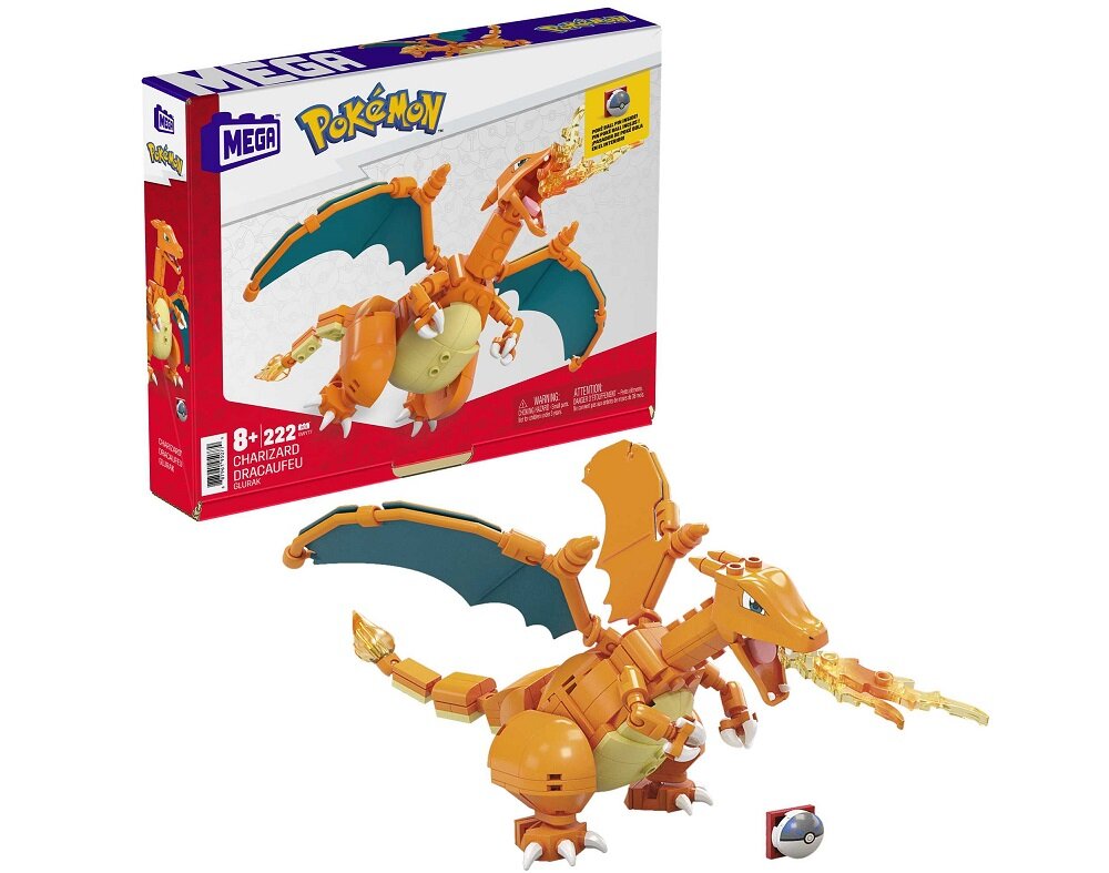 Klocki plastikowe MEGA Pokemon Charizard GWY77 mega mega bloks mega construx figurki zabawki konstruktorskie dla dzieci pokedex indeks pokemonów spis pokemonów kolekcja pokeballi Pikachu Bulbasaur Charmander Squirtle Eevee charizard czarizard figurka pokemon pokemon klocki pokemon do zbudowania zestaw konstrukcyjny pokemon