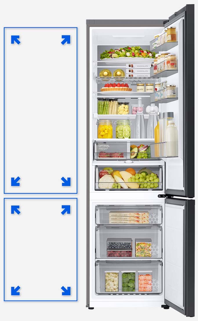 Zobacz na zdjęciu, jak dużo produktów zmieści się w lodówce RB38A7B6CAP – to możliwe dzięki powiększeniu przestrzeni z technologią SpaceMax™ - zobrazowaną na grafice Zobacz na zdjęciu, jak dużo produktów zmieści się w lodówce RB38A7B6CAP – to możliwe dzięki powiększeniu przestrzeni z technologią SpaceMax™ - zobrazowaną na grafice