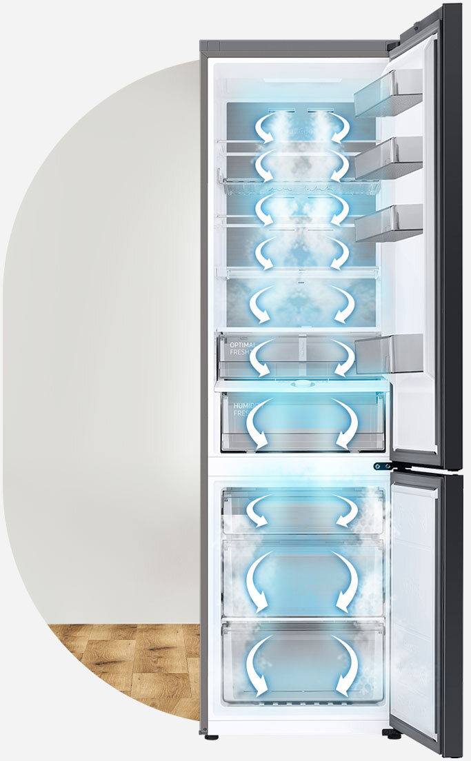 Schematycznie przedstawiono obieg zimnego powietrza w systemie All Around Cooling zastosowanym w lodówce Samsung BESPOKE RB38A7B6DAP dostępnej w sklepach sieci Media Expert Schematycznie przedstawiono obieg zimnego powietrza w systemie All Around Cooling zastosowanym w lodówce Samsung BESPOKE RB38A7B6DAP dostępnej w sklepach sieci Media Expert