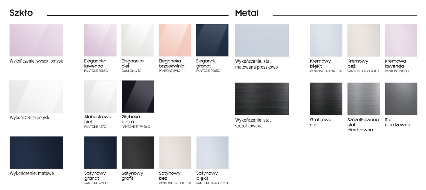 Wzornik z dostępnymi wariantami kolorystycznymi i materiałowymi, w których mogą występować panele lodówek Samsung BESPOKE.