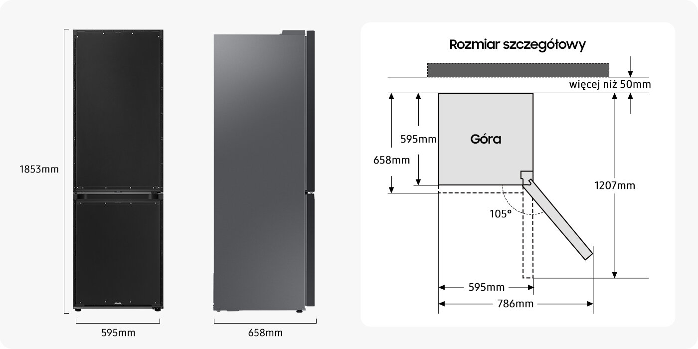 Schemat z przedstawionymi rozmiarami szczegółowymi modelu RB34A7B5DAP. Lodówkę kupisz w sklepach Media Expert.