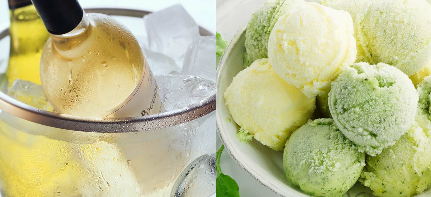 Przedstawienie działania funkcji Power Cool i Power Freeze. Praca pierwszej została zobrazowana poprzez zdjęcie schłodzonej butelki białego wina. Działanie drugiej funkcji pokazuje obraz deseru lodowego.