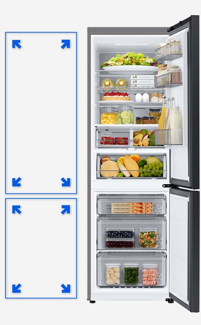 Grafika przedstawia otwarty model Samsung BESPOKE RB34A7B5DAP. W lodówce znajduje się wiele produktów, jednak mimo to urządzenie nie wydaje się przepełnione. To efekt działania technologii SpaceMax™.