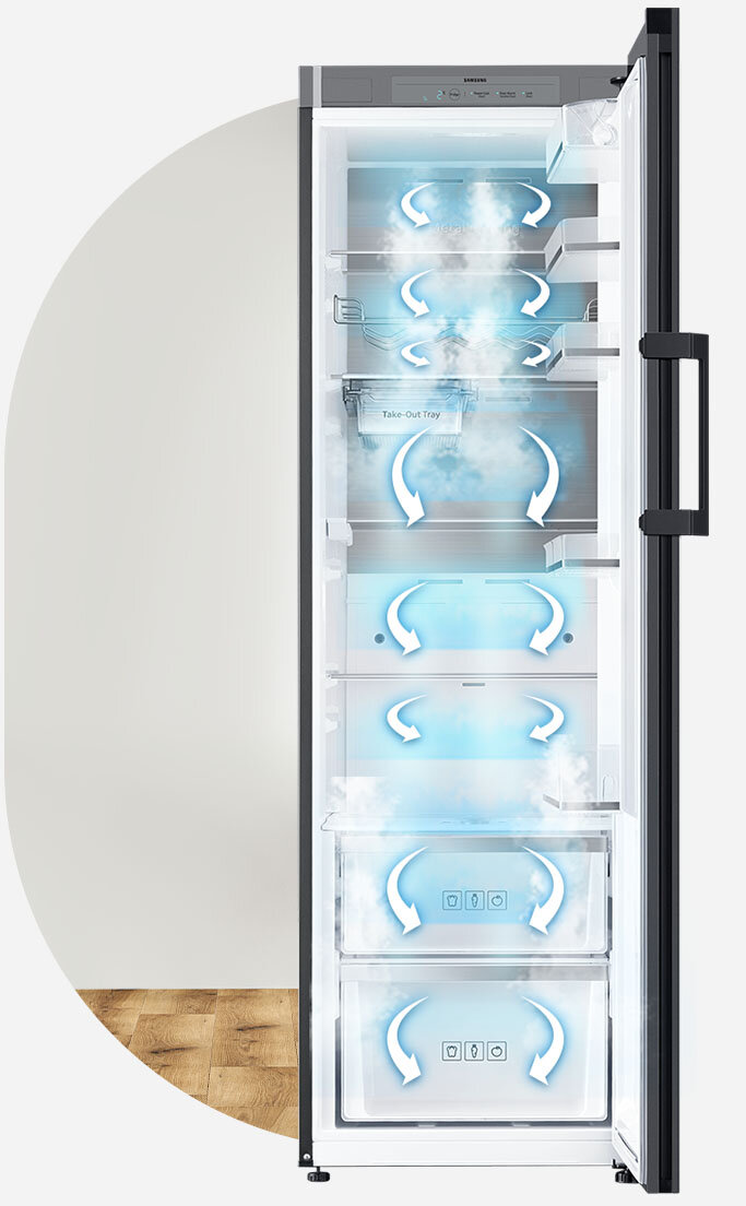 Schemat cyrkulacji powietrza wewnątrz lodówki Samsung RR39A7463AP/EO, dostępnej w Media Expert