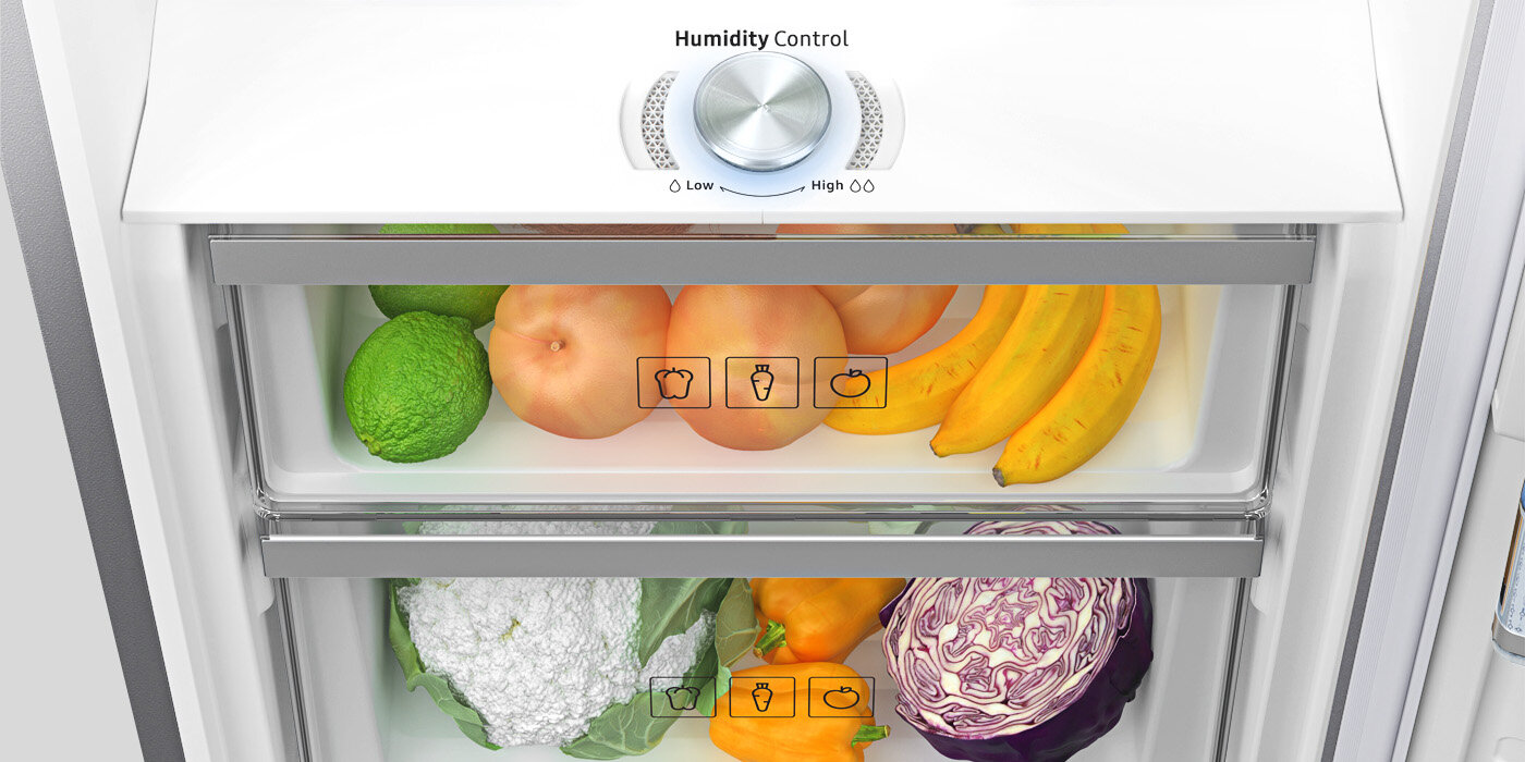 Zdjęcie pokazuje szuflady na warzywa z opcją kontroli poziomu wilgotności Humidity Fresh, która pozwala utrzymać świeżość produktów na dłużej