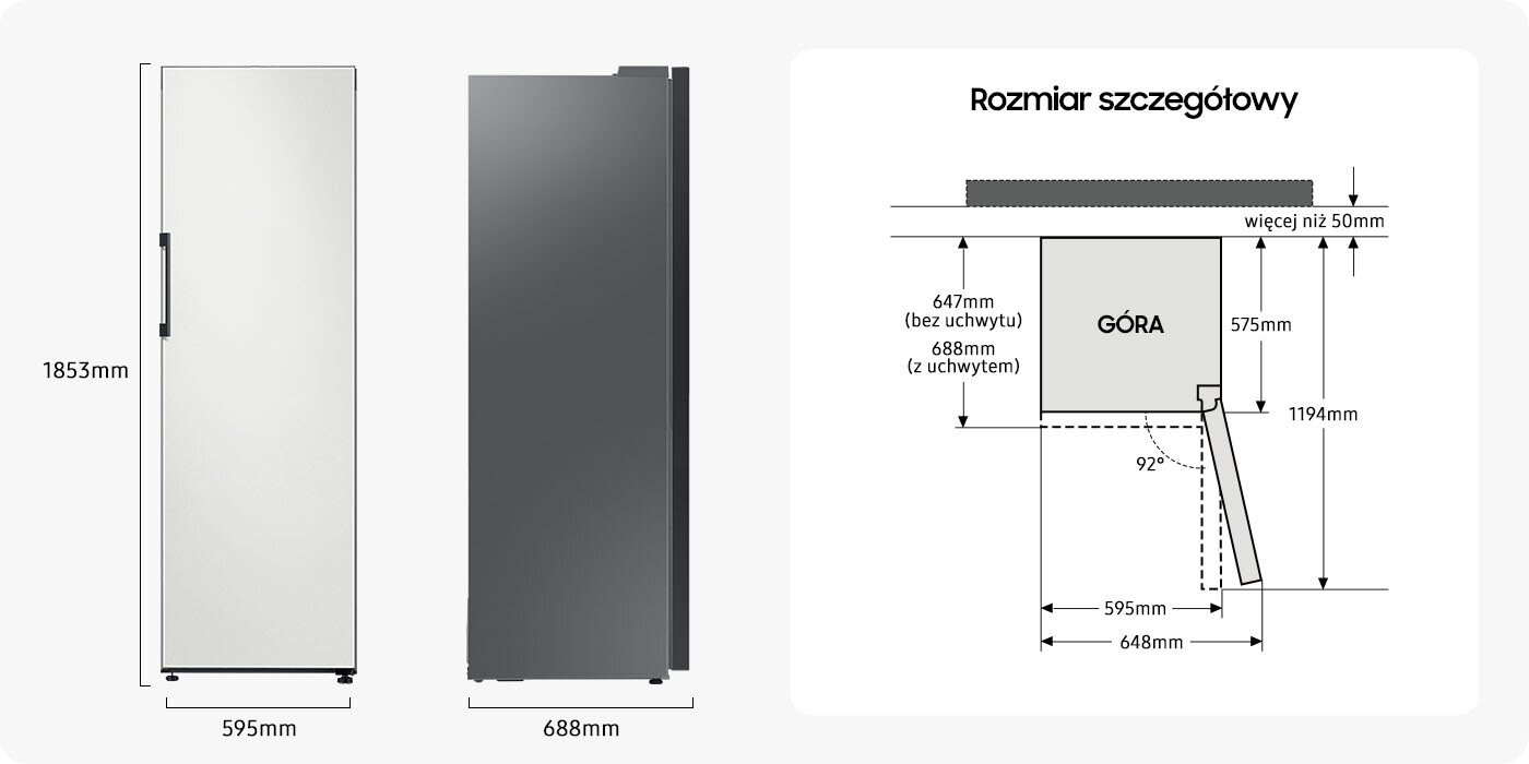 Rysunek techniczny przedstawia wymiary lodówki Samsung BESPOKE RR39A7463AP/EO