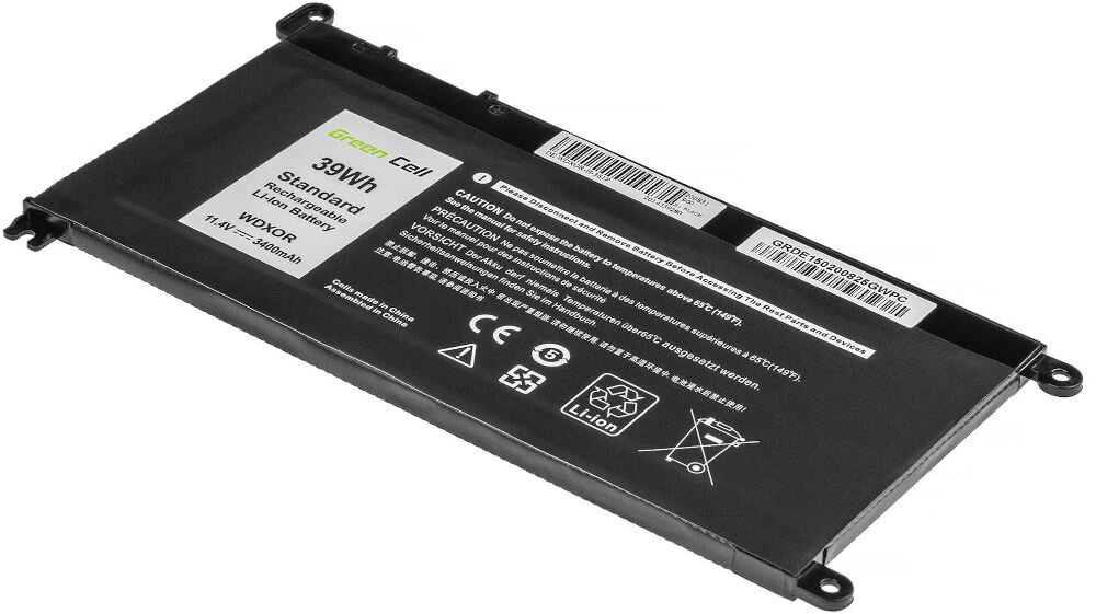 Bateria do laptopa GREENCELL DE150 3400 mAh akumulator został poddany szczegółowym testom jakościowym zabezpieczenie przed głębokim rozładowaniem i przeładowaniem
pojemność akumulatora wynosi 3400 mAh produkt na białym tle