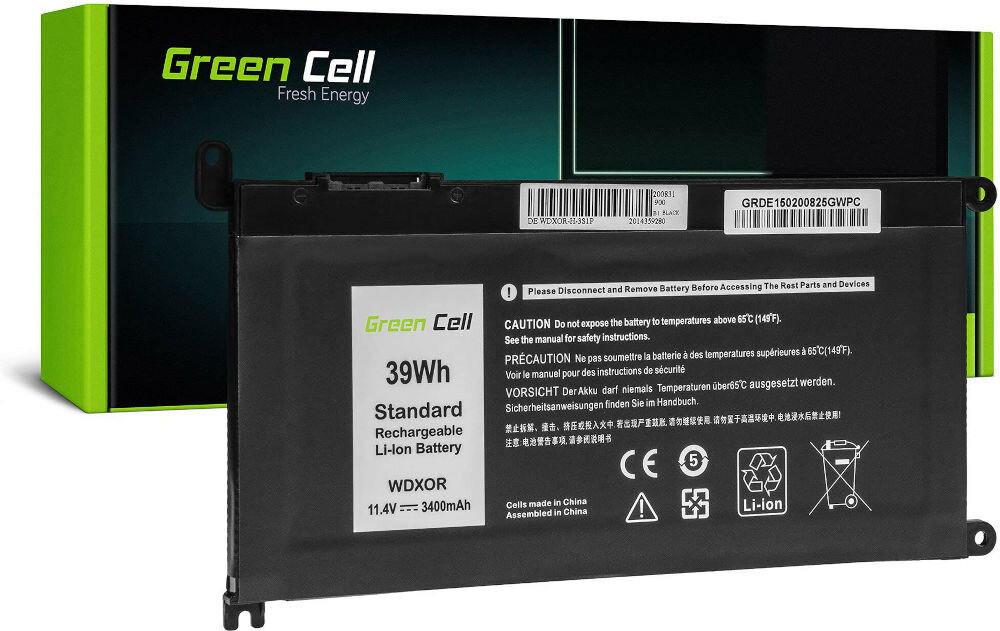 Bateria do laptopa GREENCELL DE150 3400 mAh akumulator zastępuje
baterie WDX0R, WDXOR zgodność z oryginalnymi akumulatorami produkt oraz jego opakowanie na białym tle