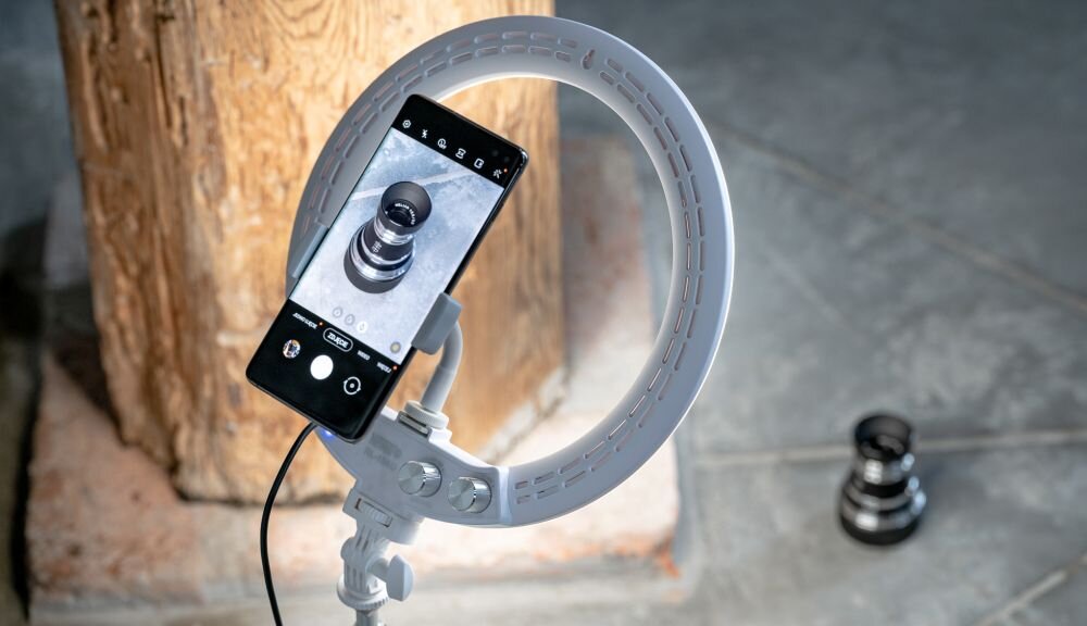 Lampa pierścieniowa LED NEWELL RL-10A barwa jasność zasilanie bateria montaż aparat zdjęcia filmy obsługa regulacja waga led wymiary