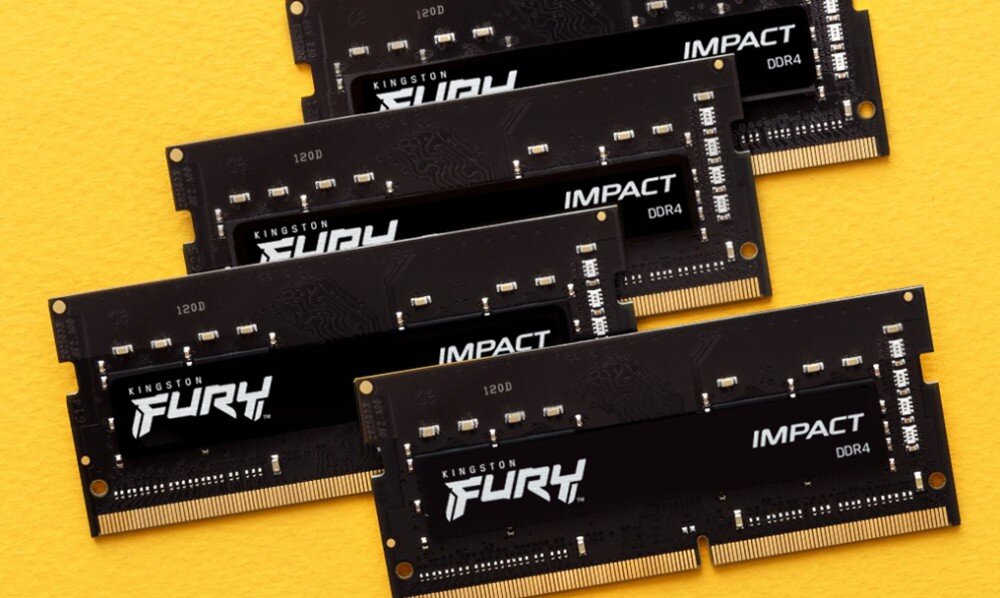 Pamięć RAM KINGSTON Fury Impact 32GB 3200MHz Cztery czarne moduły pamięci z logo 'FURY' i napisem 'IMPACT DDR4' ułożone w wachlarz na żółtym tle, typ pamięci, taktowanie, pojemność
